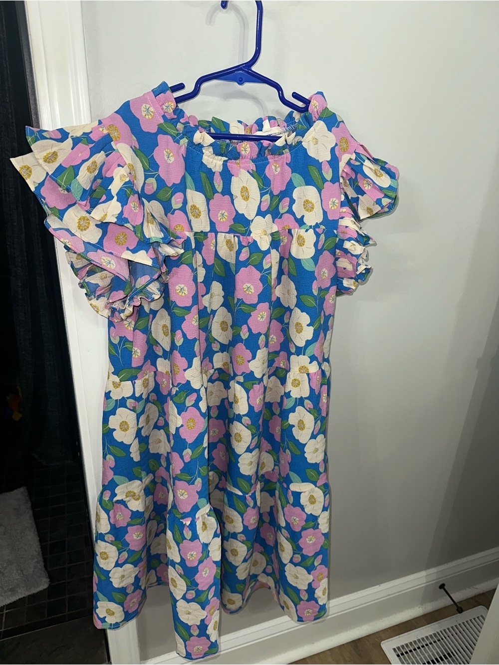 JODIFL Blue Floral Ruffle Cold-Shoulder Dress